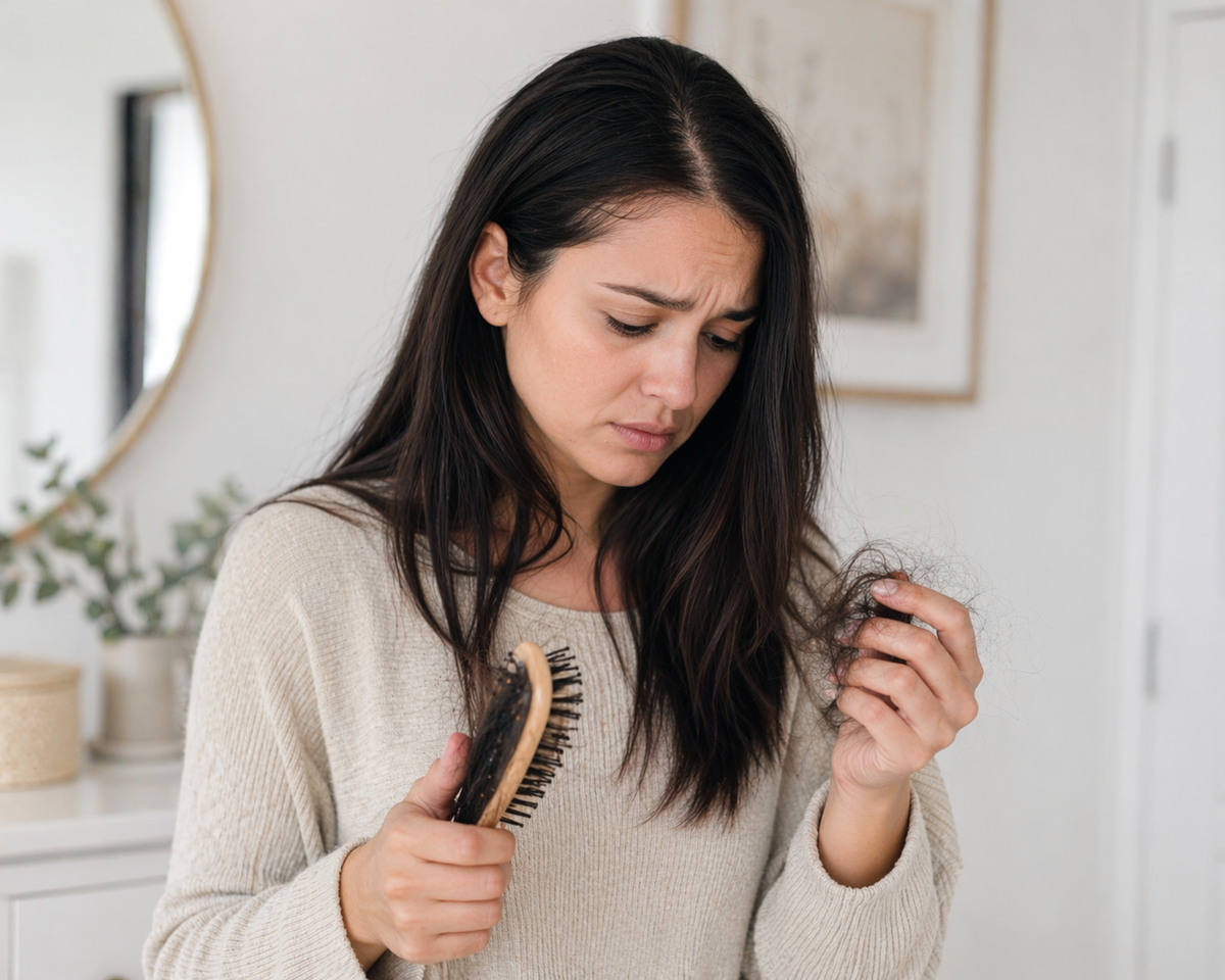 Young woman looking worried while holding a hairbrush with loose hair in a bright bathroom setting