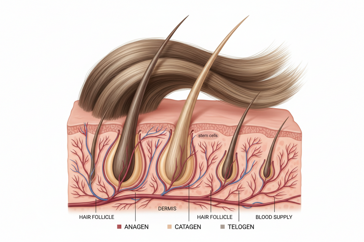 Scalp cross-section showing hair follicles in anagen, catagen, and telogen phases with blood vessels and stem cells.