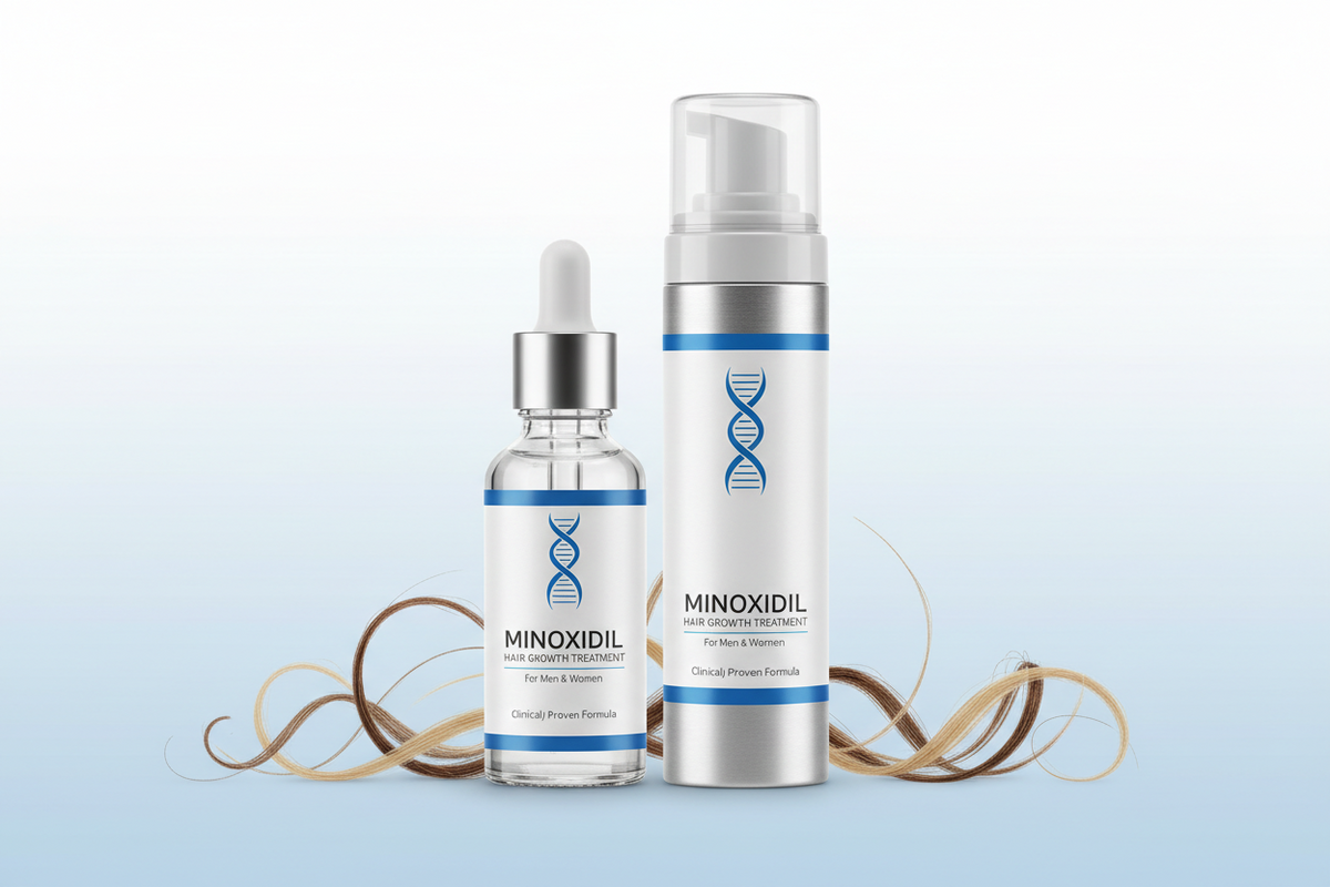 Front view of Minoxidil hair growth treatment bottles showcasing dropper and pump packaging with loose hair strands on a pale blue gradient background
