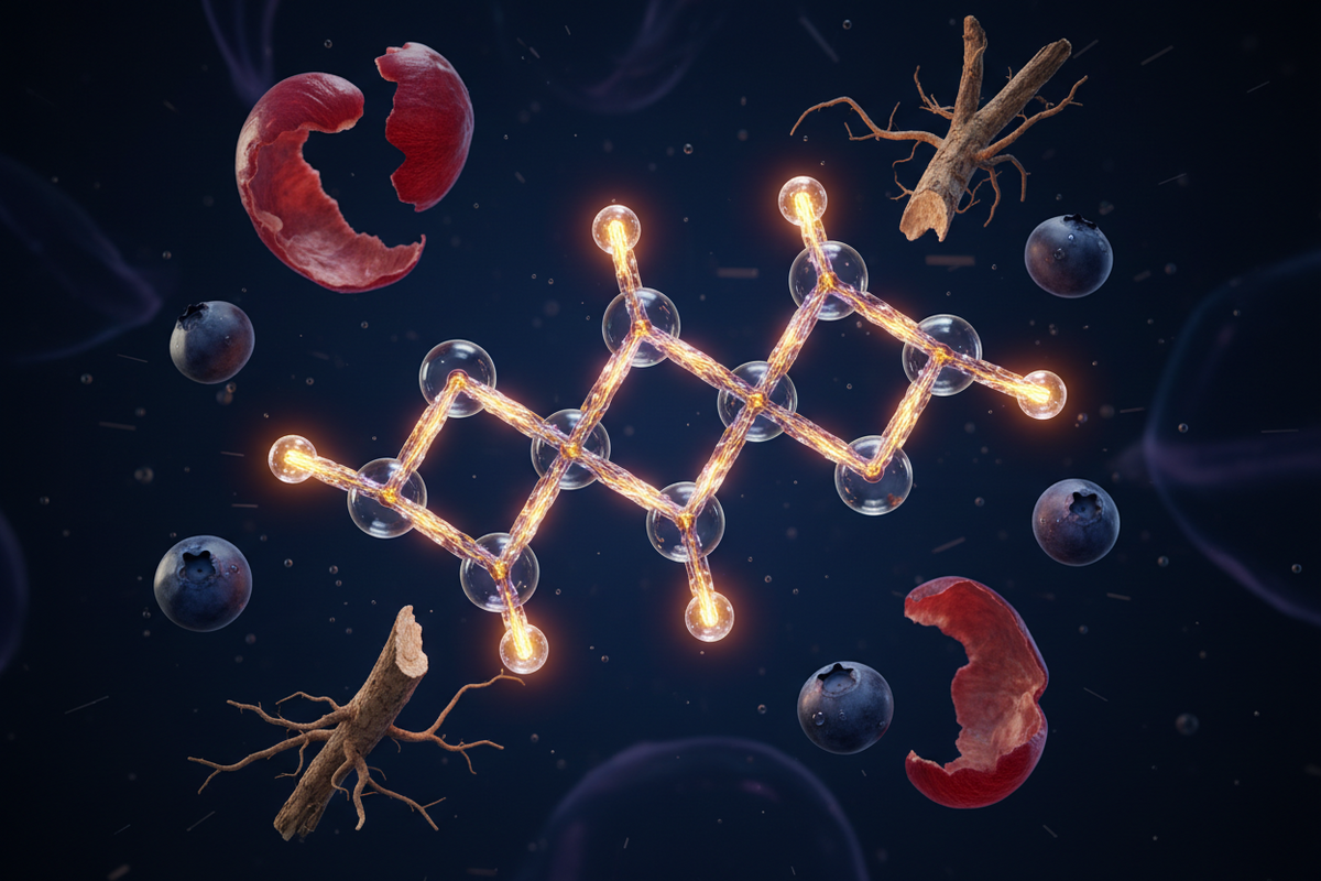 Stylized resveratrol molecule floating among blueberries, pomegranate peel, and plant roots on a dark background