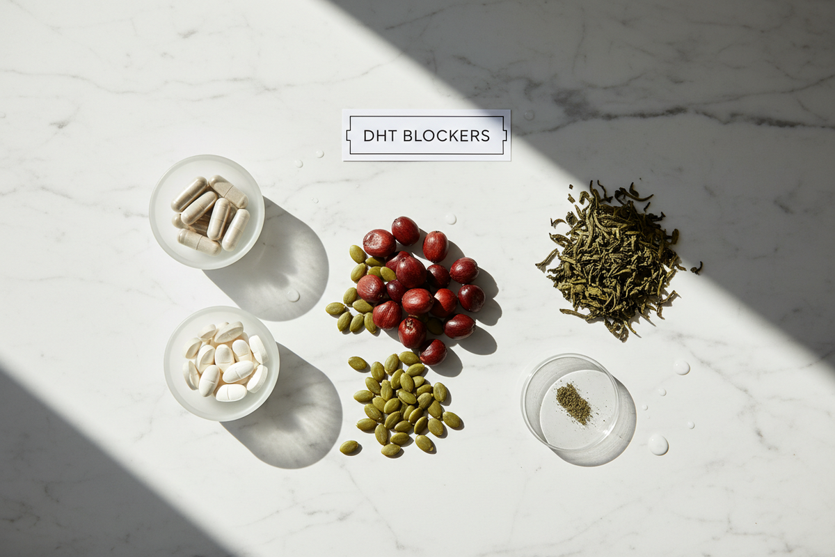 Photo of supplements and ingredients (capsules, tablets, saw palmetto berries, seeds, green tea) labeled DHT BLOCKERS