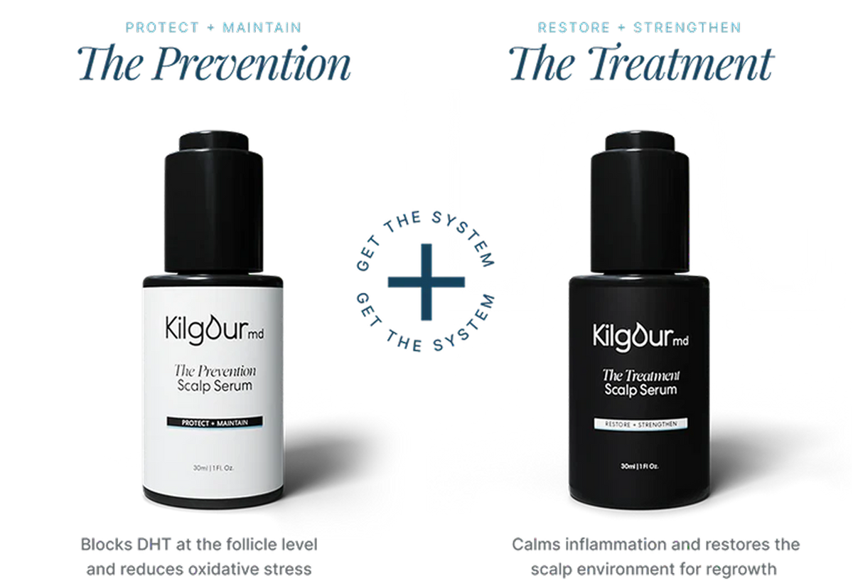 Front view of two KilgourMD scalp serums: The Prevention (white bottle) and The Treatment (black bottle) with a plus symbol between them