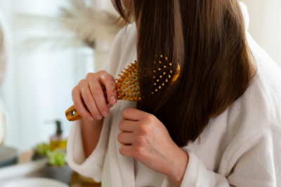 Woman in white robe brushing long straight brown hair with a wooden paddle brush, close-up on hands and hair