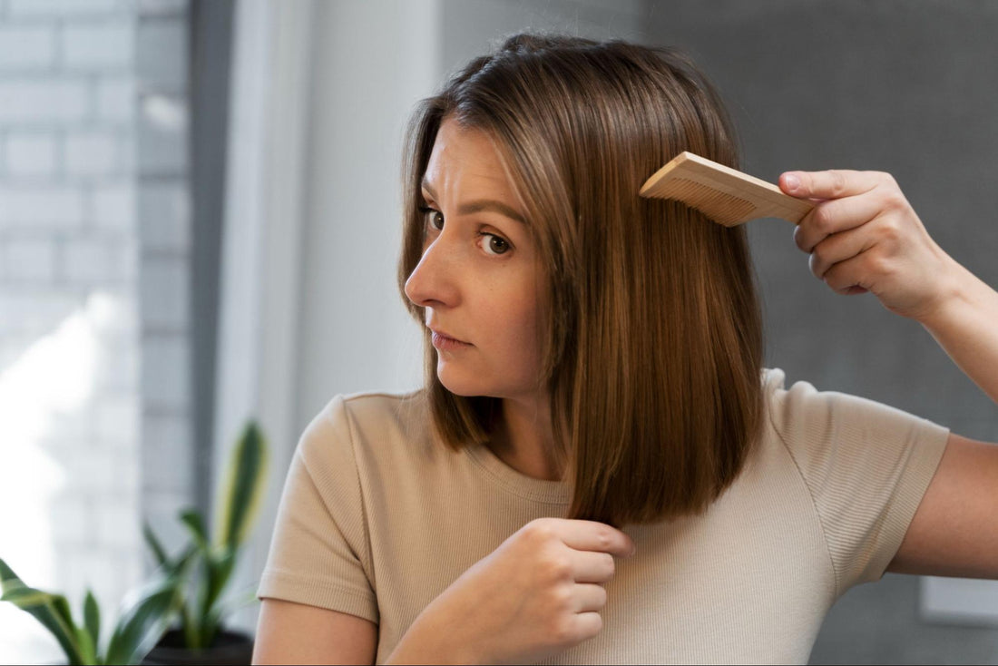 Woman with light brown, shoulder-length hair combing a section with a wooden comb