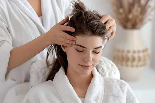Woman receiving a relaxing scalp massage from a stylist in a bright spa setting