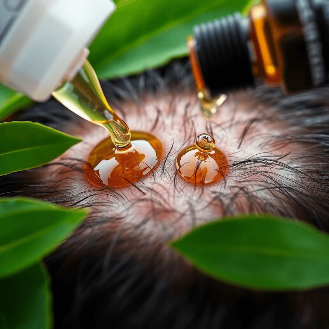 Close-up of a dropper applying amber scalp serum to a thinning scalp with green leaves in the background