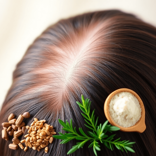 Close-up of thinning scalp with rosemary sprig, seeds, and wooden scoop of powder illustrating hair regrowth ingredients