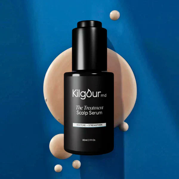 KilgourMD The Treatment Scalp Serum 30ml black pump bottle with beige serum drops on blue background