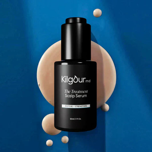 KilgourMD The Treatment Scalp Serum 30ml black pump bottle with beige serum drops on blue background