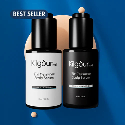 KilgourMD Prevention (white) and Treatment (black) scalp serums labeled Protect+Maintain and Restore+Strengthen
