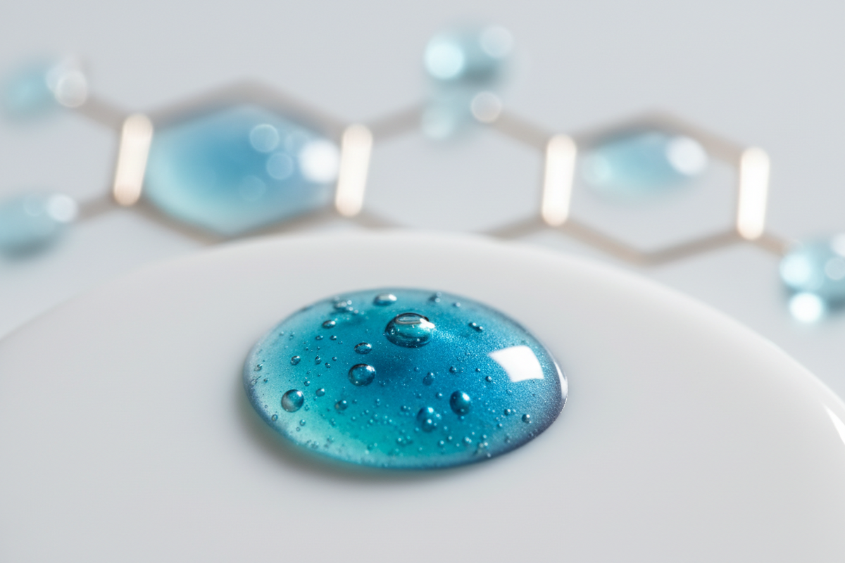 Close-up of a blue gel droplet on a white surface with blurred hexagonal molecular illustration suggesting copper peptides