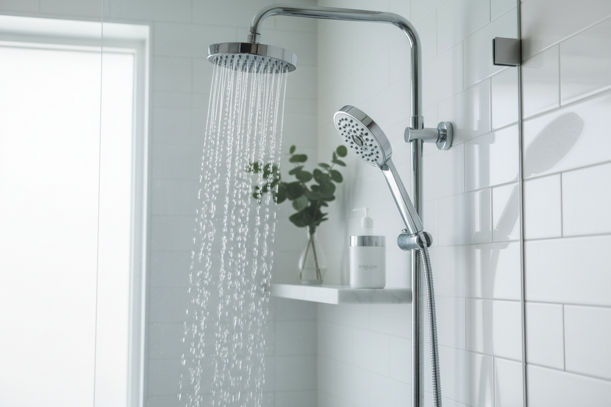 Chrome overhead and handheld showerheads spraying in a bright white tiled bathroom with a shelf and pump bottle