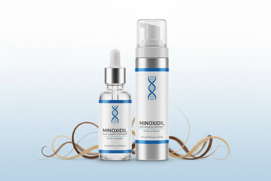 Front view of Minoxidil hair growth treatment bottles showcasing dropper and pump packaging with loose hair strands on a pale blue gradient background
