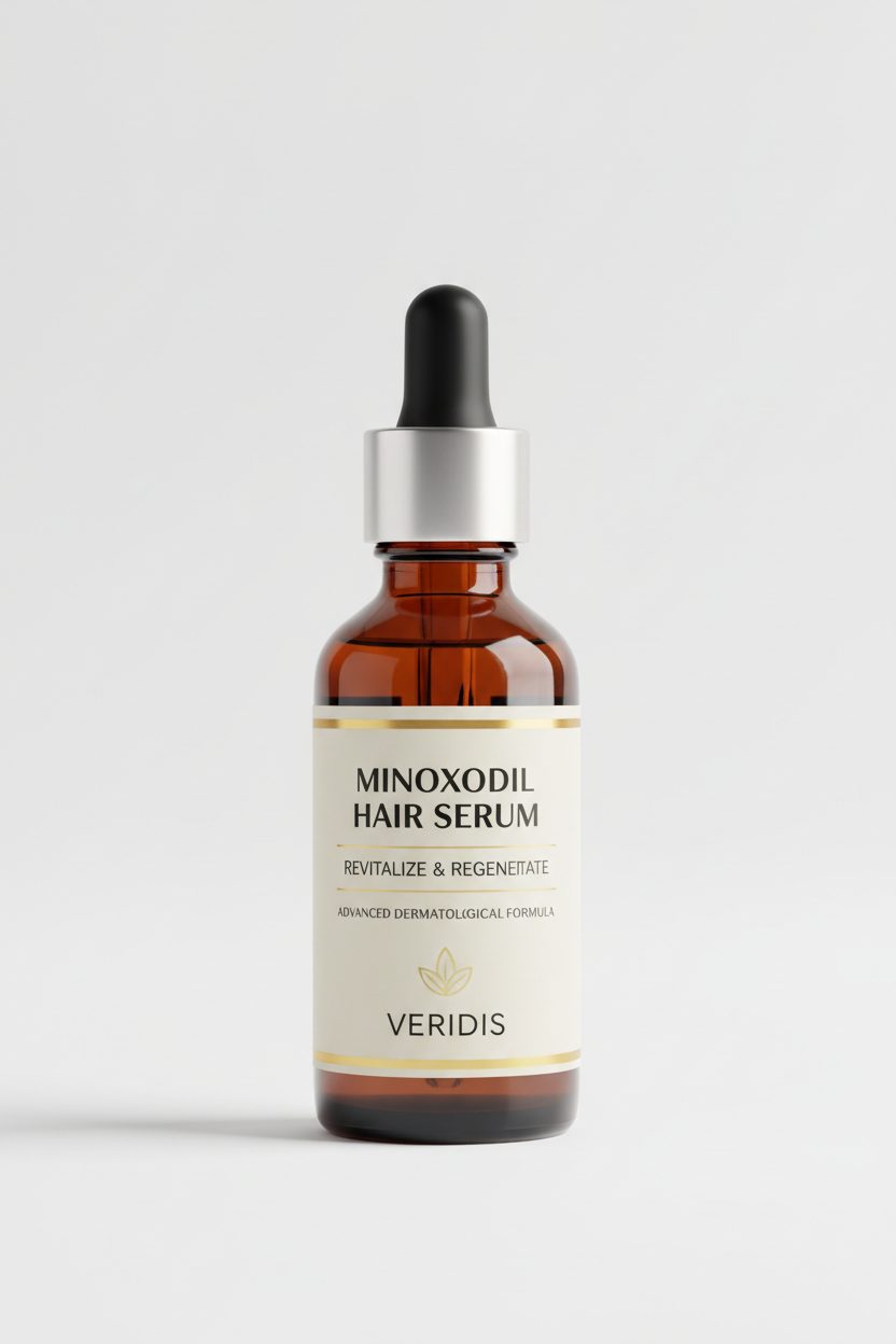 Front view of amber glass dropper bottle of Minoxidil hair serum showing label text ‘Minoxidil Hair Serum, Revitalize & Regenerate’ on white background