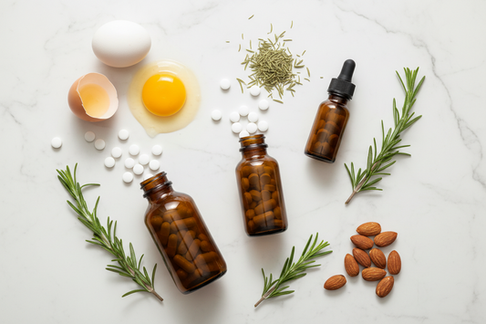 Three amber supplement bottles with capsules and scattered tablets beside a cracked egg, almonds, and rosemary on a white marble surface