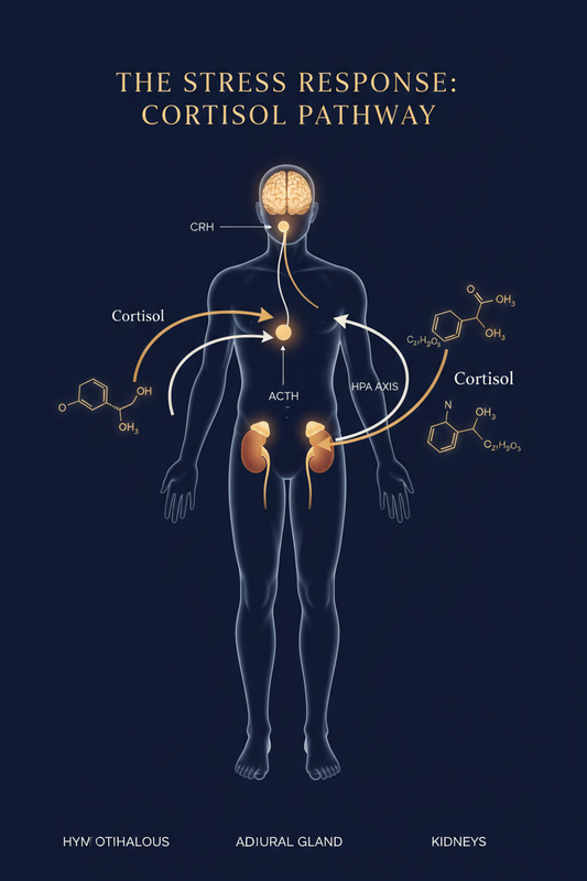 Diagram titled The Stress Response: Cortisol Pathway showing CRH to ACTH to adrenal cortisol release and feedback to brain