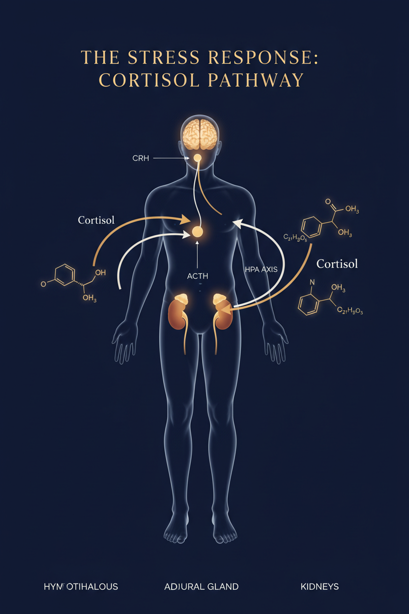 Diagram titled The Stress Response: Cortisol Pathway showing CRH to ACTH to adrenal cortisol release and feedback to brain
