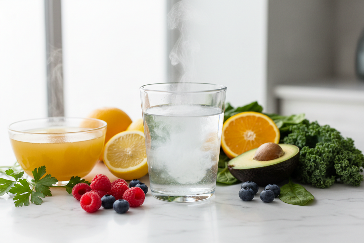 Glass of hot water with collagen powder dissolving on a marble counter, surrounded by orange halves, raspberries, blueberries, avocado, and kale