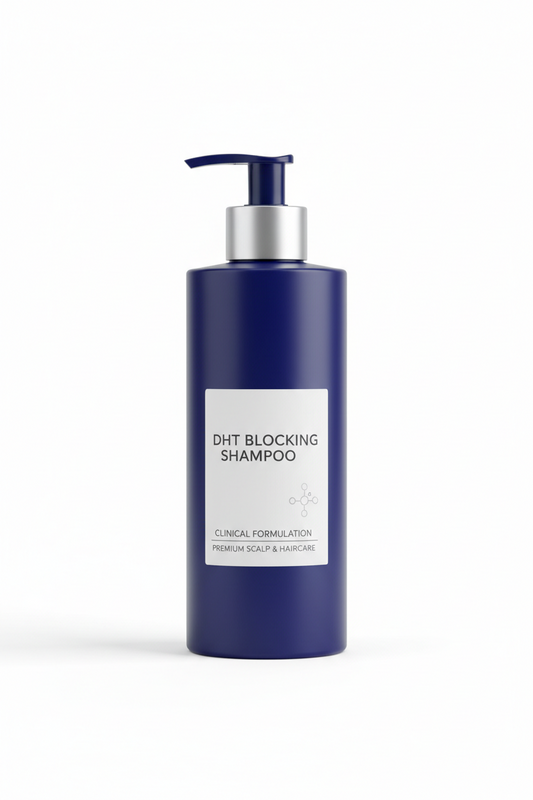 Front view of DHT blocking shampoo bottle showing white label reading DHT BLOCKING SHAMPOO on navy pump bottle with white background