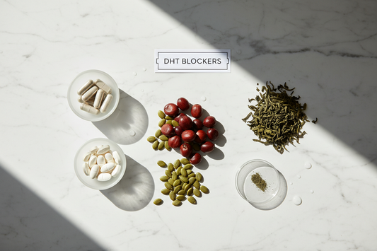 Photo of supplements and ingredients (capsules, tablets, saw palmetto berries, seeds, green tea) labeled DHT BLOCKERS