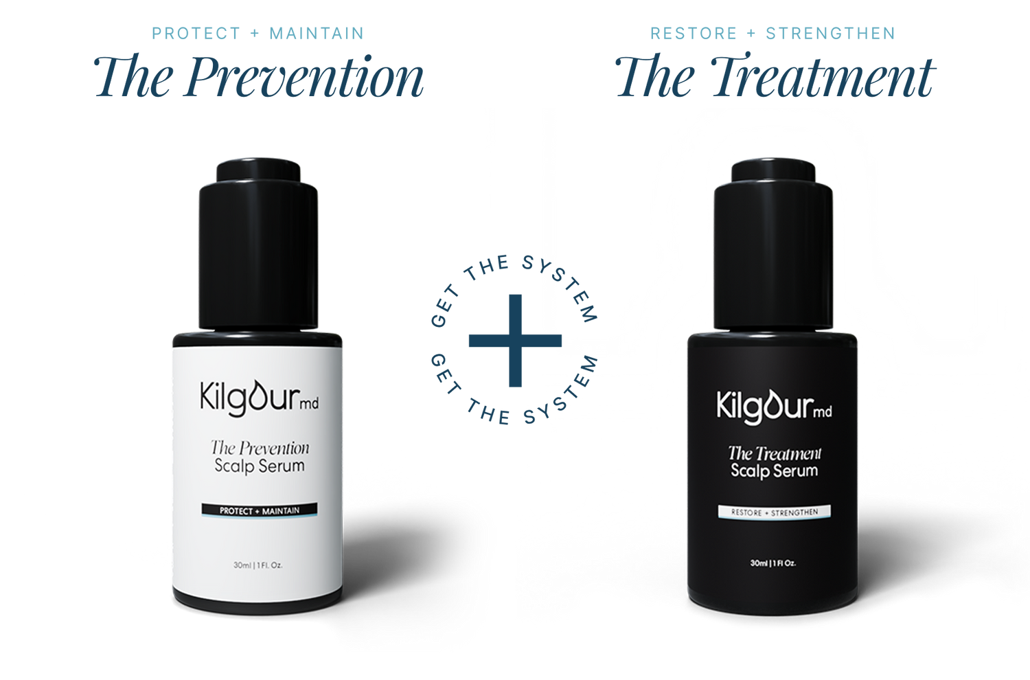 Front view of two KilgourMD scalp serums: white Prevention and black Treatment bottles with blue plus on white background