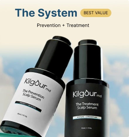 Angled front view of KilgourMD Prevention and Treatment scalp serum duo showing two bottles, headline 'The System — Prevention + Treatment' and 'Best Value' tag on soft cloudy background
