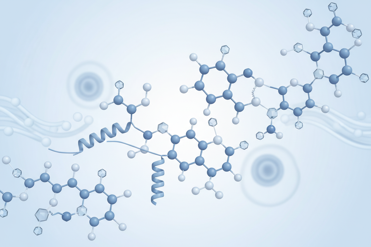 Blue molecular diagram illustrating active peptide structures, evoking clinical hair-and-scalp science