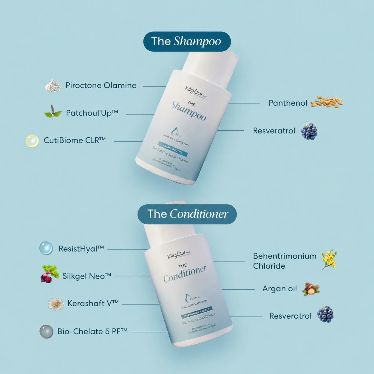 Two bottles of The shampoo and conditioner are shown on a light blue background with ingredient callouts and small illustrations. The bottles are white with pale blue labels and are arranged diagonally, one above the other.