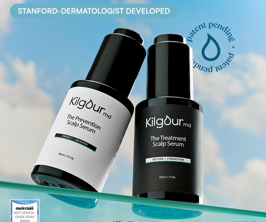 Two KilgourMD scalp serums, Prevention and Treatment, with Best seller 30K sold and Stanford dermatologist developed text