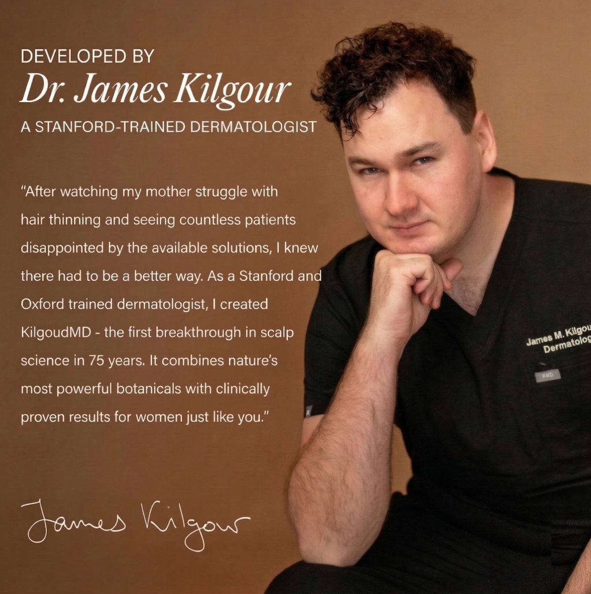 Text about Dr. James Kilgour and his dermatology background on a brown background